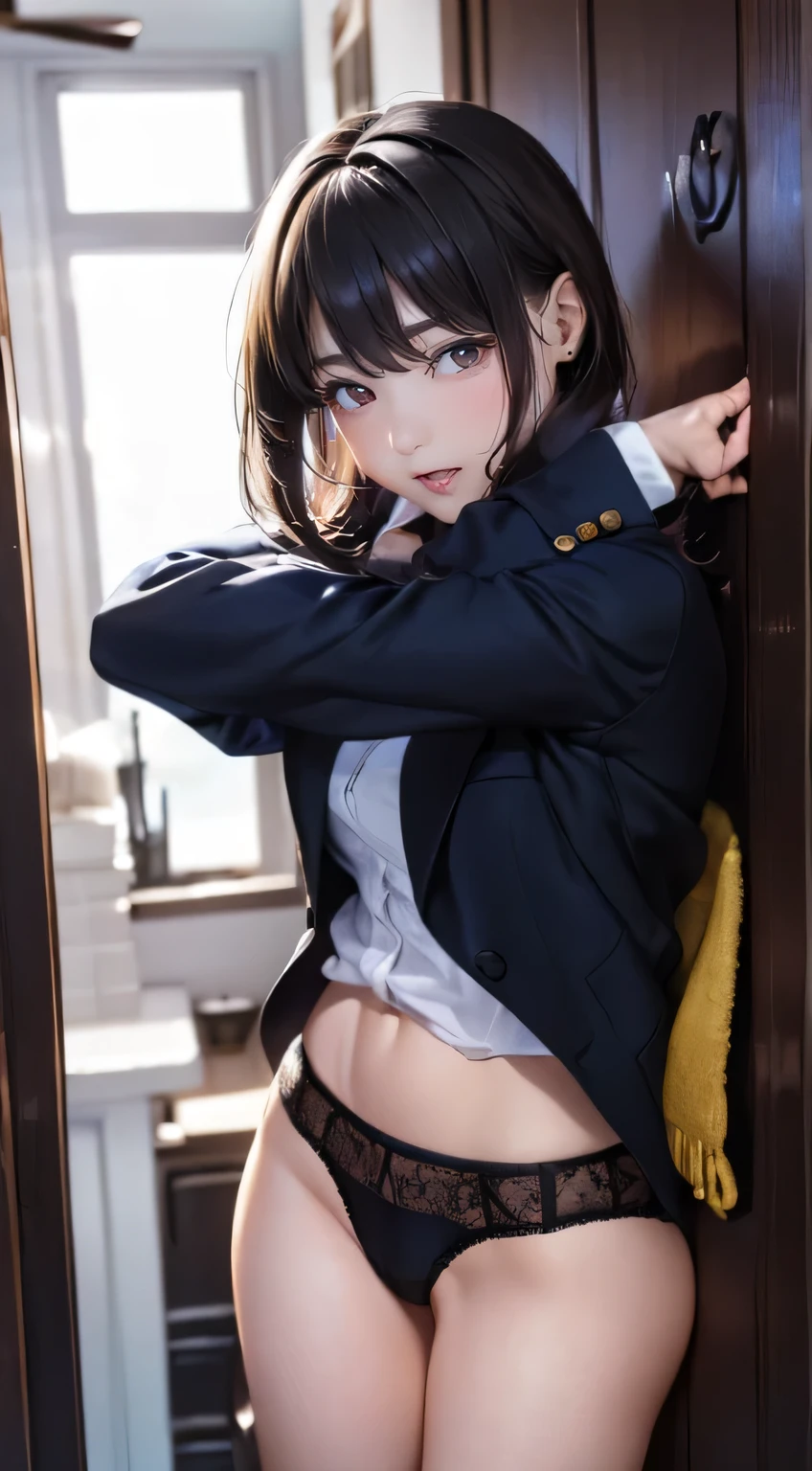high-definition images, atmospheric perspective, 8k, super detail, accurate, best quality, emphasis on the balance of limb size, ecstasy face, dark brown pupil, (drooping eyes, blush)), (sleepy face), elaborately designed luxury panties for adults, ((showing off her panties)), (straddling to masturbate), open mouth, open legs, thin thighs, thin legs, eccentric pose, slut, angle from below, in the narrow factory, machines, industrial robot arm, factory clerk, shirt, (extremely swollen areola), skirt, suit jacket, tiny earrings, short bob,