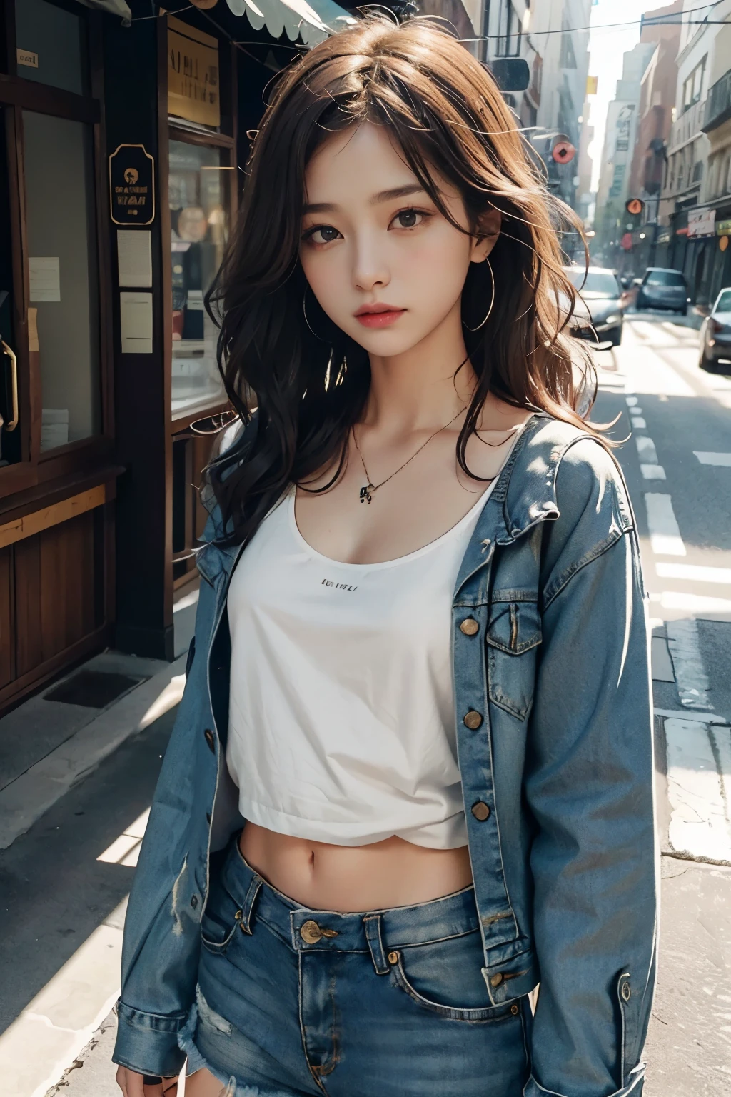 ((medium chest circumference, Tomboyish, small heads)), (Well-defined abs: 1.1), (perfect bodies: 1.1), (short and wavy hair: 1.2), yellow-brown hair, collars, nipple chain, fully body photo, crowding street, wearing a black tank top, Denim jacket, ((Extremely detailed CG 8k wallpaper), (Extremely Delicately Beautiful), (tmasterpiece), (Best quality at best: 1.0), (super A high resolution: 1.0), beautiful light up, Perfect lightning, realistic shaded, [A high resolution ], delicate skin, ultra - detailed ((Colorful)))