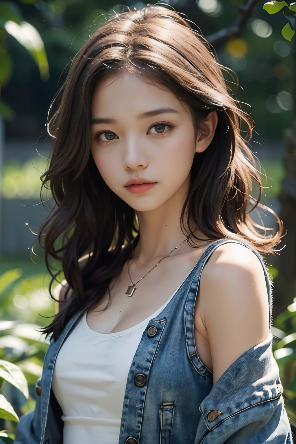 ((medium chest circumference, Tomboyish, small heads)), (Well-defined abs: 1.1), (perfect bodies: 1.1), (short and wavy hair: 1.2), yellow-brown hair, collars, nipple chain, fully body photo, crowding street, wearing a black tank top, Denim jacket, ((Extremely detailed CG 8k wallpaper), (Extremely Delicately Beautiful), (tmasterpiece), (Best quality at best: 1.0), (super A high resolution: 1.0), beautiful light up, Perfect lightning, realistic shaded, [A high resolution ], delicate skin, ultra - detailed ((Colorful)))