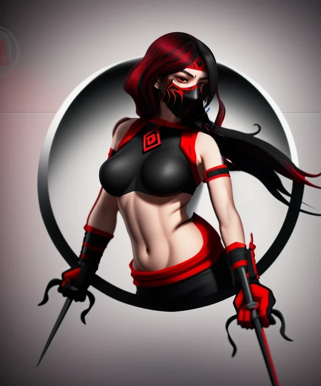 Ninja Girl, Black long flowing hair, Two katanas in hand, Blue Mask, big breastes, in the sewer, evil face.