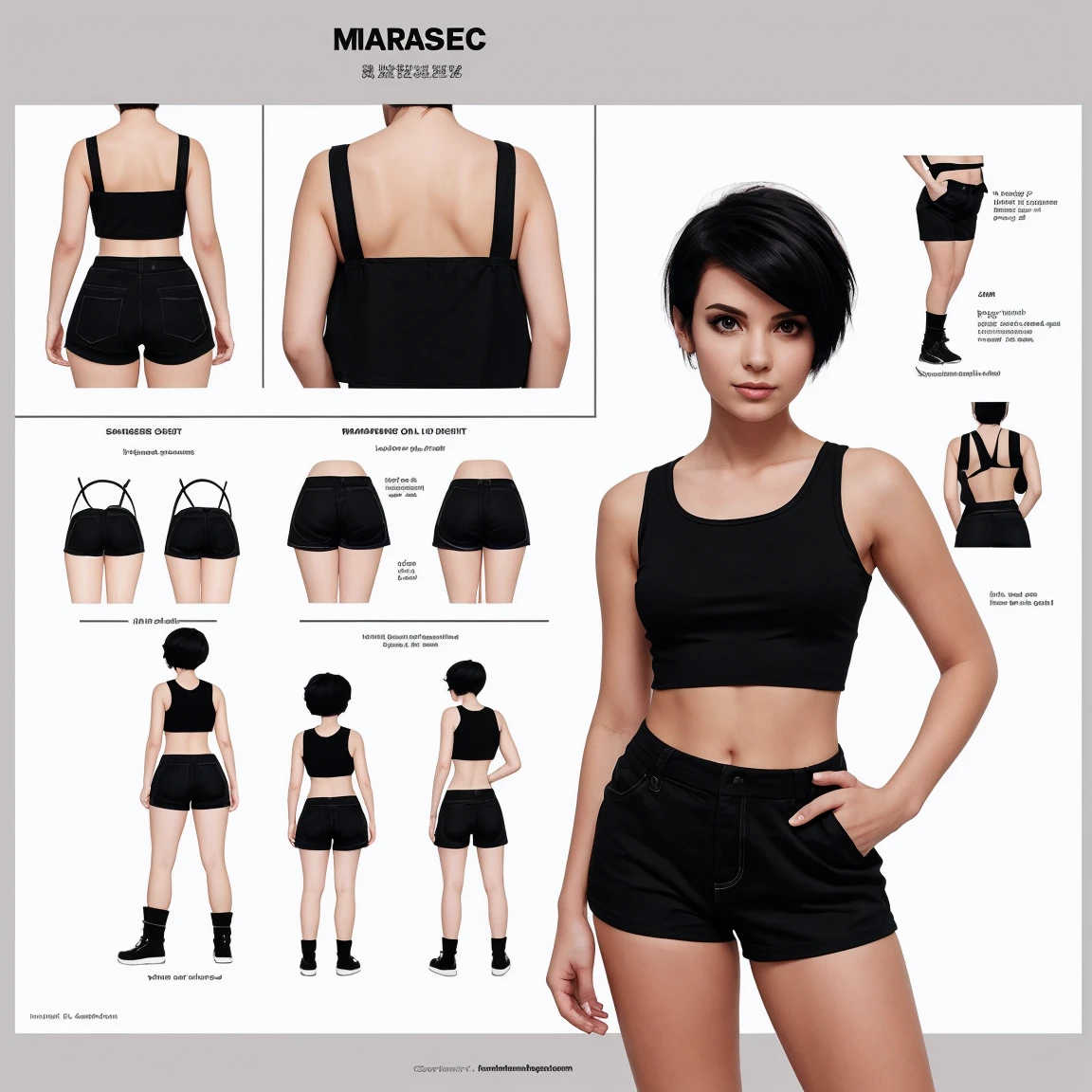 ((masterpiece)),(((best quality))),(character design sheet, same character, front, side, back), illustration, 1woman, short black hair, hairstyle pixie, eyes, environment change scene, Female, wearing а shorts and croptop, (background, black background: 1.3), --6