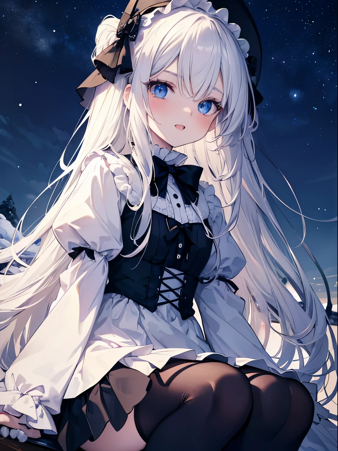 masutepiece, Highest Quality, (Perfect face:1.1), (high detailing:1.1), (ultradetailed eyes), Dramatic, superfine illustration, Extremely detailed, 1girl in, (pale skin), long white hair, Ethereal eyes, Blue eyes,tareme, (light eyebrow),blush,Solo,Smile, Happy, Laugh, Enjoy, Open mouth, Pouty lips,Cinematic lighting, Looking up, Cowboy Shot,Winters,Snow,Long sleeve, Gothic lolita, frilld, bow ribbon,Head dress, knee high socks,Night atmosphere, Starry Night