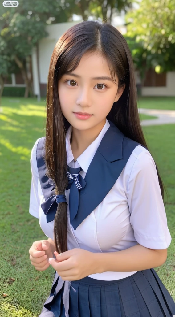 Neat and clean schoolgirl、Outside the field、(Slimed)、Photorealsitic、detaileds, Skin Texture, ultra-detailliert、Delicate and sexy collarbone、A smile、Super Detailed Face、Detailed lips、A detailed eye、large full breasts、Big breasts、large boob、Big、huge-breasted、Chest emphasis、Bright face、((is standing、Schoolgirl Uniform、White panties are visible from the skirt、Sheer white shirt、Navy blue ribbon at the collar、Dark blue pleated micro mini、slightly lift the hem of the skirt with both hands,,,,,,)) Colossal tits:1.2