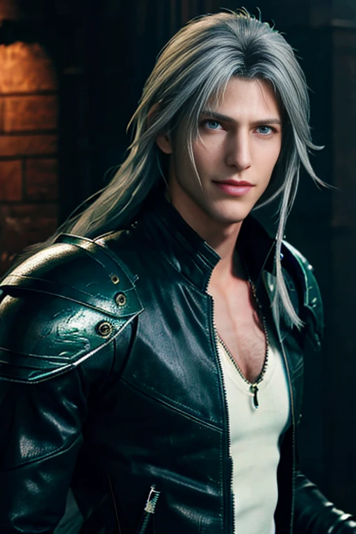 ff7r style,
long hair, male focus, solo, 1boy, shoulder armor, armor, blurry background, blurry, green eyes, closed mouth, realistic, smile, black jacket, looking at viewer, jacket, grey hair, bangs, upper body, portrait, pauldrons, white hair
, ((masterpiece))