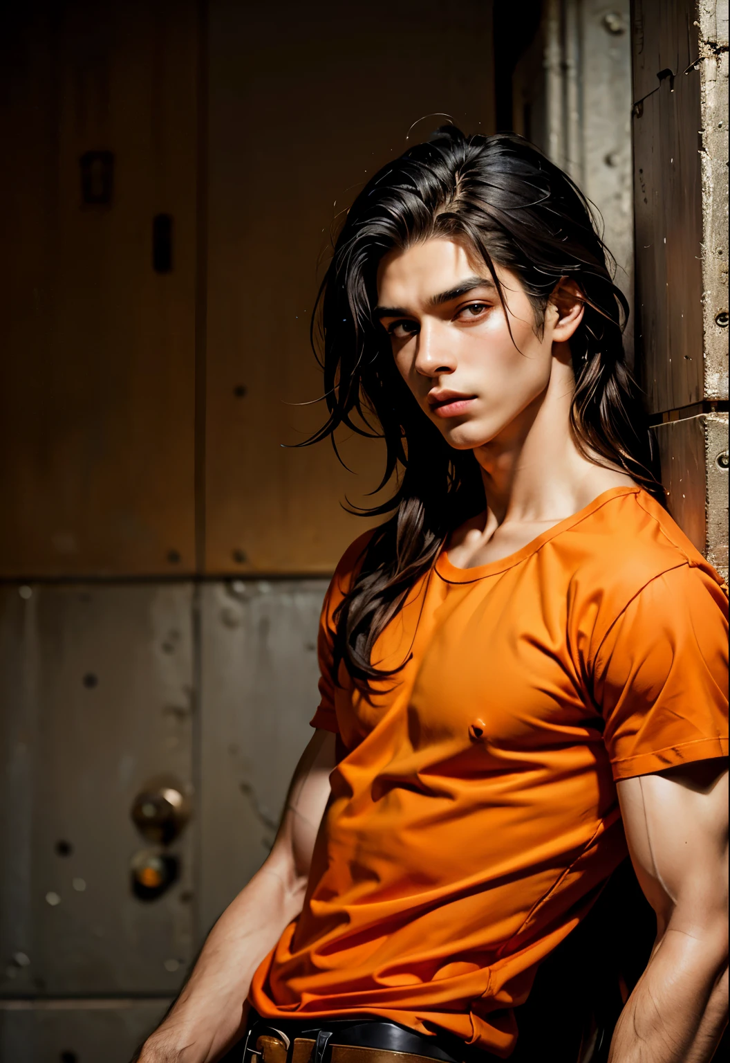 Beautiful prison boy, orange clothes, handsome boy, strong, best quality, brown eyes, American, shoulder hair, 19 years, Black hair, shoulder hair, long hair, LongHair, no shirt, Beautiful