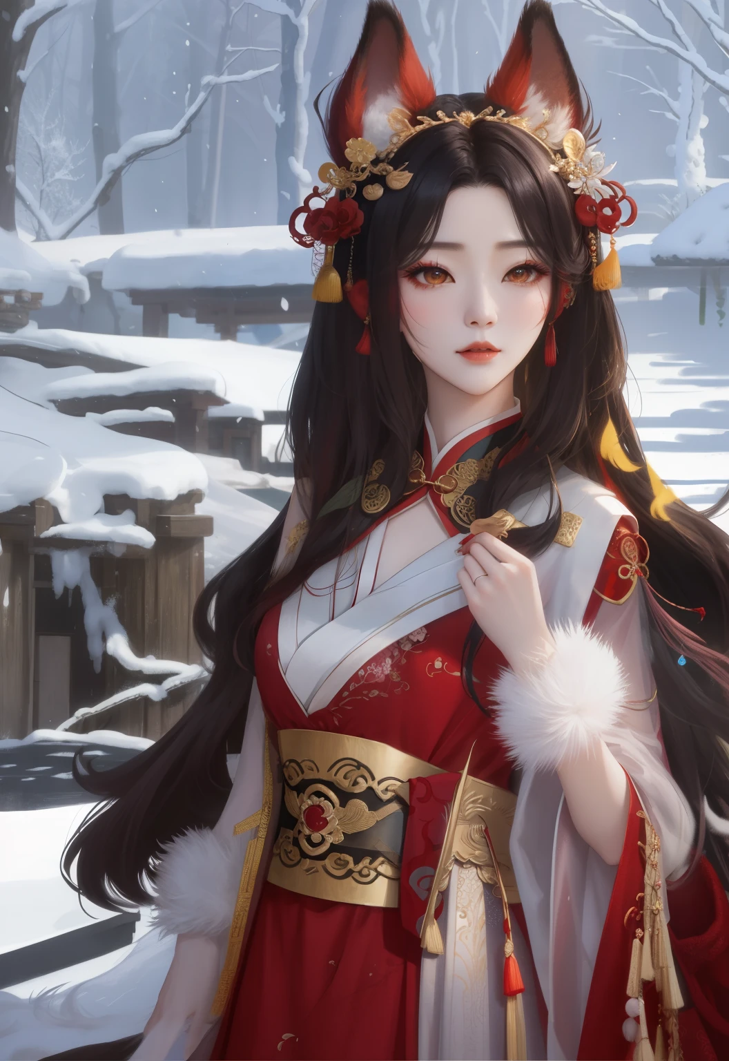 Red fox ears and tail，There is a woman in red dress holding a feather, inspired by plum trees, Inspired by Lan Ying, inspired by Ai Xuan, Inspired by Ma Yuanyu, Popular topics on cgstation, 宮 ， A girl in Hanfu, Inspired by Qiu Ying, beautiful fantasy empress, full body xianxia, Hanfu, Inspired by Tang Yifen