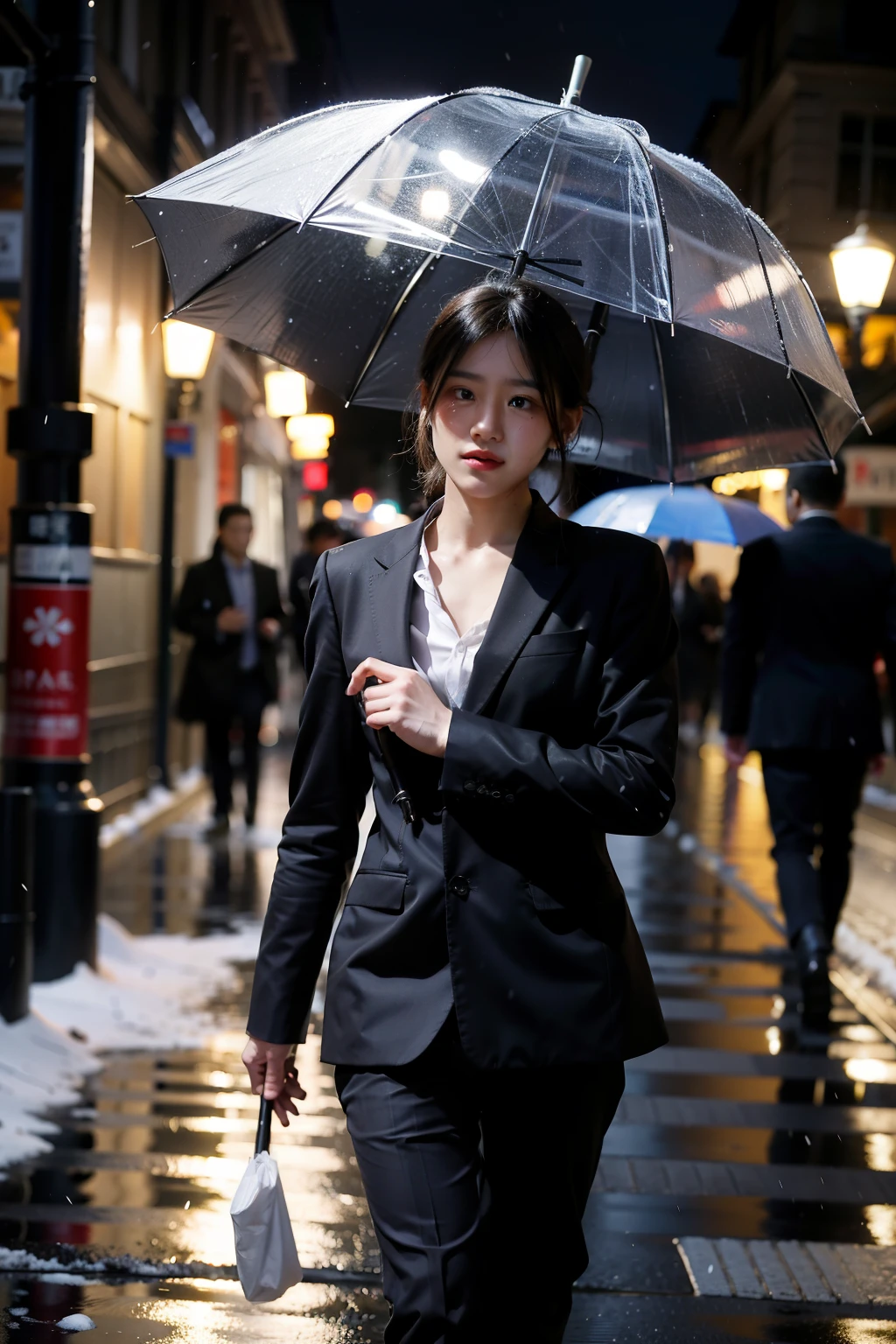 on a dark street，It was snowing heavily，A boy in a suit is holding an umbrella and walking forward with his back to the camera.，Next to me, there was a girl with tears on her face facing the camera.，The two passed each other，Make a painting，