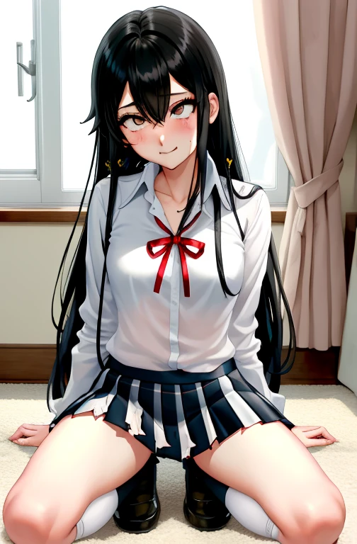 (full figure:1.1), 1 girl as yukino yukinoshita, absurdres, highres, solo, school uniform, small breasts, waist long black hair, (twintails:0.5), (pleated miniskirt:1.4), (black thighhigh socks:1.1), loose red ribbon, unbuttoned white shirt, (ahegao:1.5), (rolling eyes:1.5), (torn clothes:1.5), (naked breastss:1.2), spread legs,