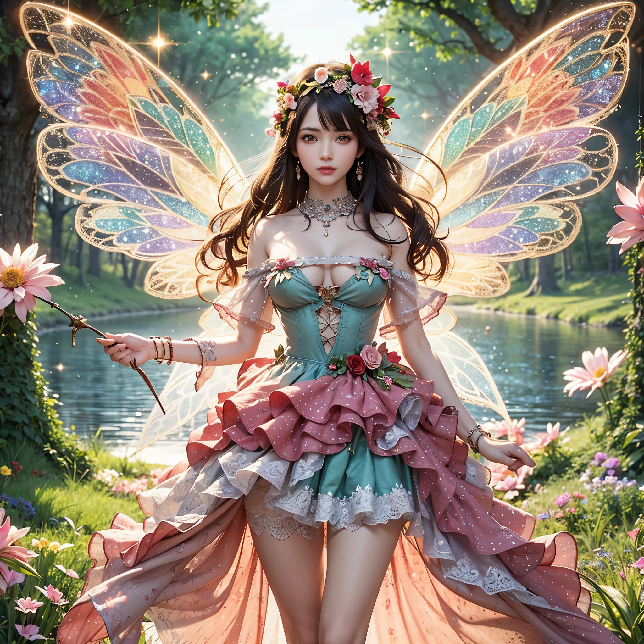 generate a fairy lady with big boobs, showing her boobs, wearing flowery outfit and with huge fairy wings, while holding a flowery wand, she is a beautifull fairy who is really charming, she is flying and give kiss sign, forest and lake background, beautifull flower, sparkling background, aurora effect, digital effect, glimmering effect, ambient effect, from side, beautifull hand, beautifull fingers, pretty hand, pretty fingers, perferct hands, perfect fingers, masterpiece, best quality:1.2),(8k,highres,RAW photo,realistic,photo-realistic:1.3),(detailed skin texture,detailed cloth texture,beautiful detailed face:1.25),professional lighting,photon mapping,beautiful soft light,radiosity,physically-based rendering,raytracing, model shoot style, model shoot style, (extremely detailed CG unity 8k wallpaper), full shot body photo of the most beautiful artwork in the world, (((NSFW))), (((nude))), (completly naked))), (((nipples))