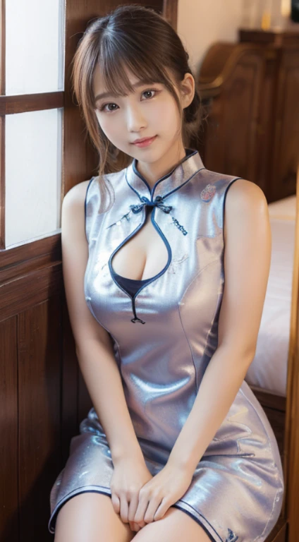 8K、Ultra-precise rendering、Photo Quality、 Top quality in many colors,photos realistic,Detailed eyes、intricate-detail,RAW photogr、((13yo girl、natural make up、sparkly eyes))、kawaii faces、A smile、Very white skin、round large chest、Beautiful valley,thin-waist、big butts、Gorgeous cheongsam,extra long hair,((poneyTail))cropped shoulders、delicated face,Expose cleavage,ornamented,Inside the palace,((Super mini cheongsam dress with deep cuts on the side、Elaborate and detailed embroidery all over the body,rhinestone))Sitting with your knees upright、medium-full shot