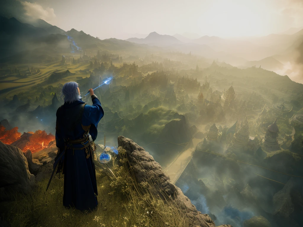 (2 Boyultiple boys, dual wielding, view the viewer, standing, (Glowing), Light particles, Blue Themes, Colorful, the wallpaper, energy, Unknown terror, Arcane, Around the magic ,Magic surrounds ,wands, book, The pages of the book flew all over the sky, Know it all, Predicting the future, Learn about the past, Infinite wisdom, Blue Flame, Warlock, Magical Circle, pentacle, incantation, mantra, Singing magic, Masterpiece, Best quality, (Masterpiece,Best quality:1.5),starrysky,kosmos,rays of moonlight,Moon,Skysky,Highlight,Bright,opulent,baiyun,yin yang,starlighteteors,High hillountain and river art,Unified 8k resolution wallpaper,high qulity,Photorealistic,High detail,Fantastic fantasy scene,The details are extremely detailed,scenecy,magic,heal,look up to