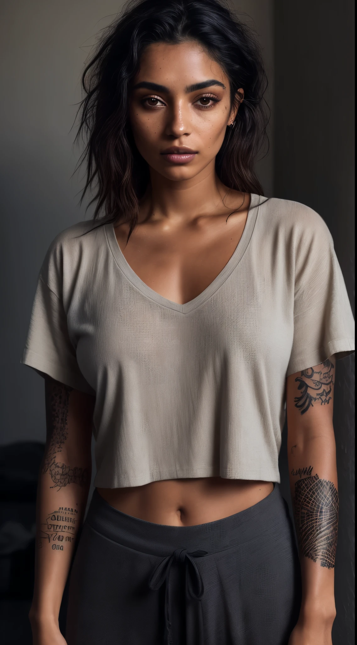 a photo of a seductive Hispanic/Latinx woman with loose styled hair, bored, she is wearing a T-Shirt and Trousers, (tattoos:1.1), mascara, (textured skin, skin pores:1.2), (moles:0.8), (imperfect skin:1.1), intricate details, goosebumps, flawless face, (light freckles:0.9), ((photorealistic):1.1), (raw, 8k:1.2), dark, muted colors, slate atmosphere