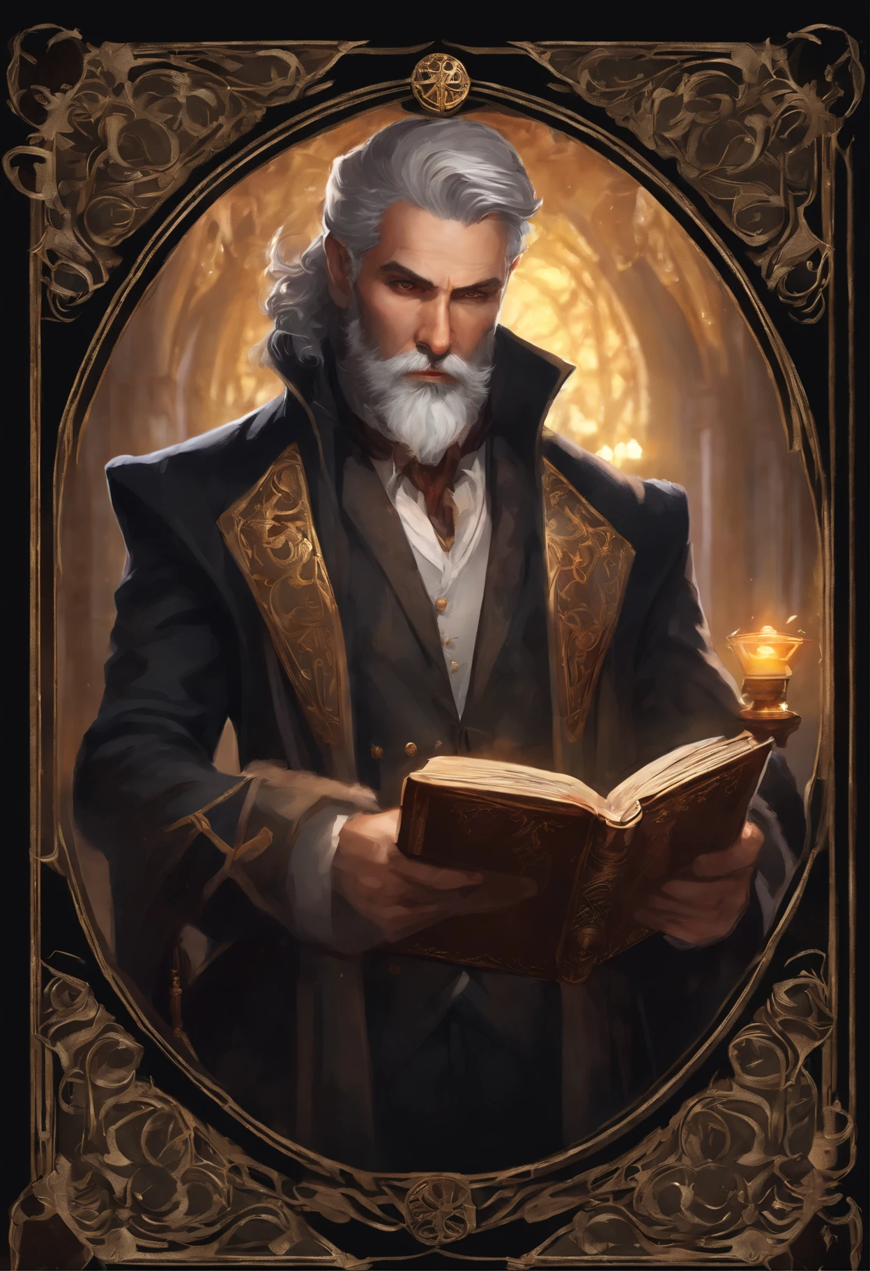 image of a man in a suit holding a mobile phone, greybeard, Grimoire Holding, RPG Book Portrait, fantasy card game art, DND Card Cover, boris valejo. octopath traveler, holding spell book, card game illustration, Portrait of dungeons and dragons, norse god, Portrait of the DND character, portrait of hades