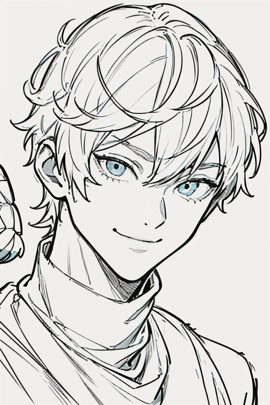 best quality, high resolution, clean background, high contrast, (((1boy:1.1))), line-drawing, sketch, ((tight medium shot))), white background, clean line drawingringe hairstyle), (naughty face), smile face, (((turtleneck))), (Mashed Hair), (black-eyecolor)