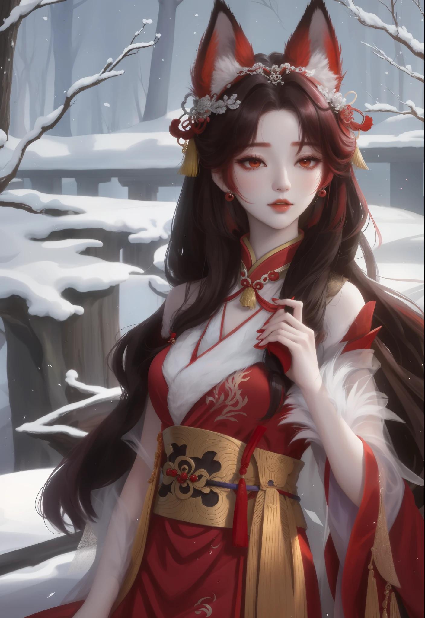 Red fox ears and tail，There is a woman in red dress holding a feather, inspired by plum trees, Inspired by Lanying, inspired by Ai Xuan, Inspired by Ma Yuanyu, Popular topics on cgstation, 宮 ， A girl in Hanfu, Inspired by Qiu Ying, beautiful fantasy empress, full body xianxia, Hanfu, Inspired by Tang Yifen