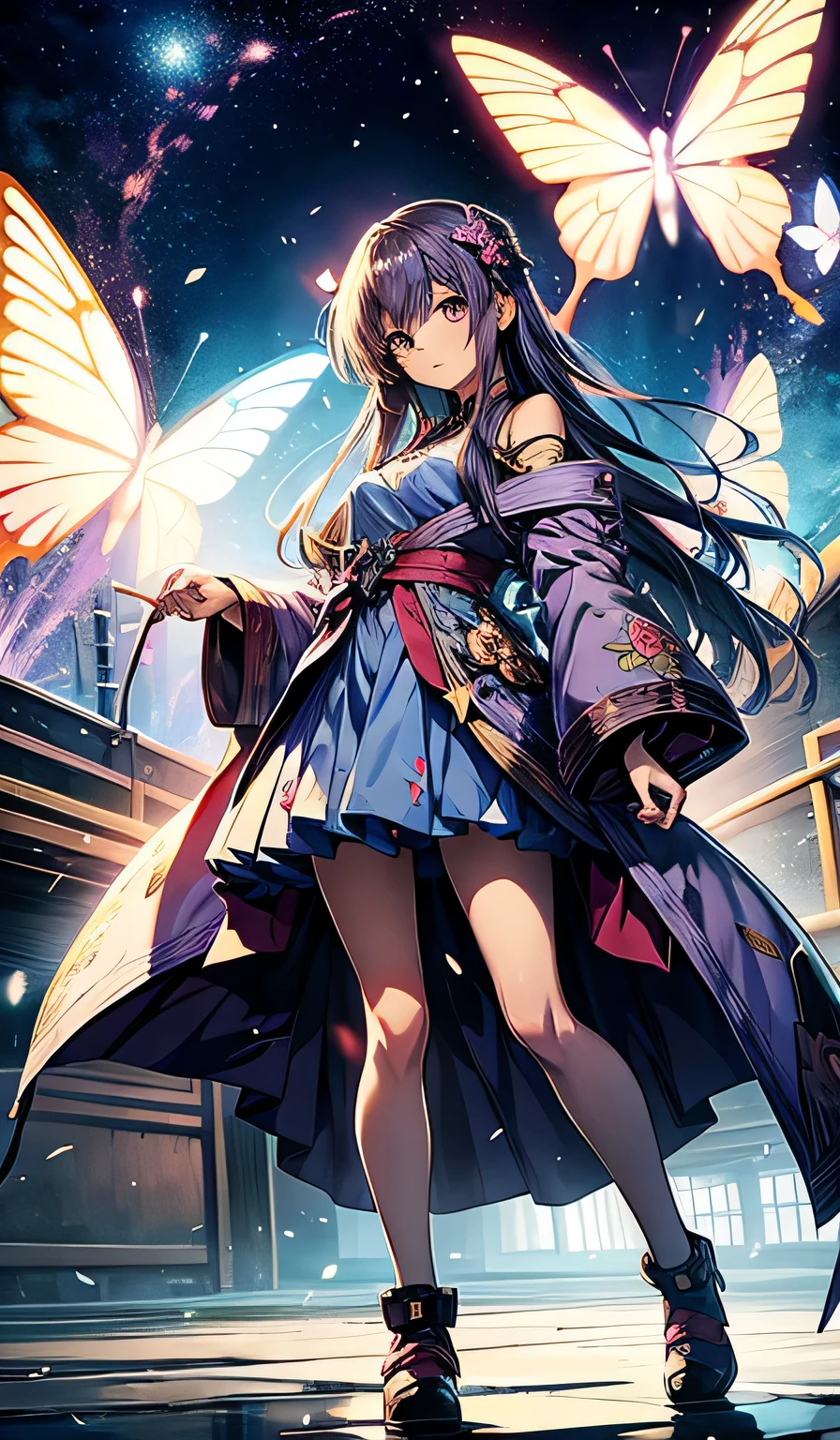 Anime girl in a short dress holding a purple butterfly, an anime drawing by Kamagurka, Pixiv Contest Winner, shin hanga, anime moe art style, Misato Katsuragi, marin kitagawa fanart, High quality anime art style, Anime visuals of cute girls, style of magical girl, Official art, magical little portrait of magical little girl,it like a string,Opening legs,