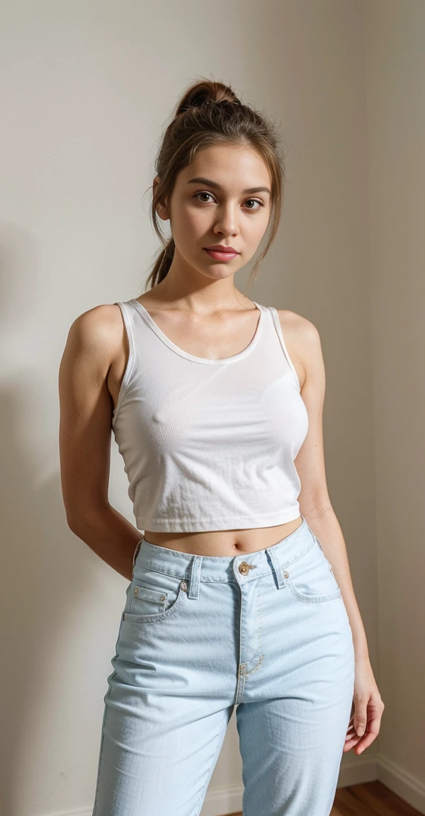 A photorealistic portrait of a 20-year-old female Instagram influencer with her brown hair pulled back in a simple ponytail. She's dressed in a pared-down outfit – a crisp white T-shirt tucked into high-waisted jeans, and classic white sneakers. She stands against a clean white wall, her posture relaxed and confident. The sunlight creates soft shadows, emphasizing the clean lines and simplicity of her look. The overall mood is serene and effortless, showcasing a timeless elegance.