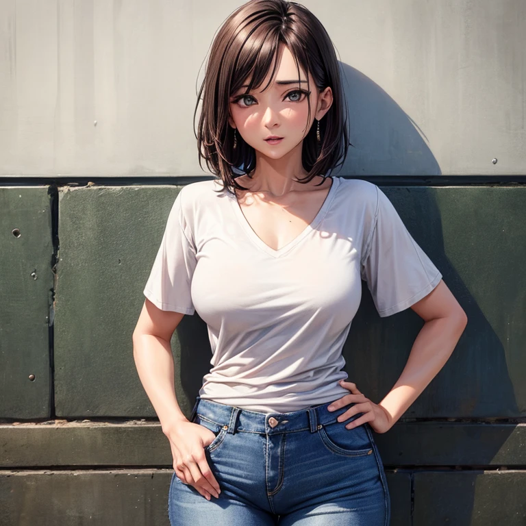 A 35 years old women wearing dry goods v-neck T-shirt and jeans pant, horny face,looking at viewer