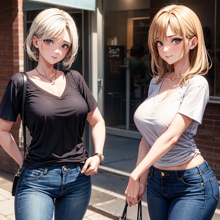 A 35 years old women wearing dry goods v-neck T-shirt and jeans pant, horny face,looking at viewer