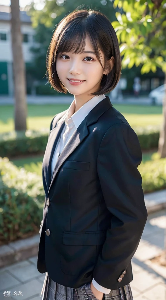 (top-quality,8K picture quality,masterpiece:1.3),(超A high resolution,Photorealsitic:1.4,Raw photography),(ultra-detailliert,Caustics,Detailed background),(Ultra-realistic capture,Beautifully detailed skin,perfect anatomia),at the sunset,Sunset sky,school buildings,school ground,18year old,kawaii,Single eyelid,Black hair short bob,School Blazer Uniform,Looking at the camera,A smile,Bust-up shot,natural soft light