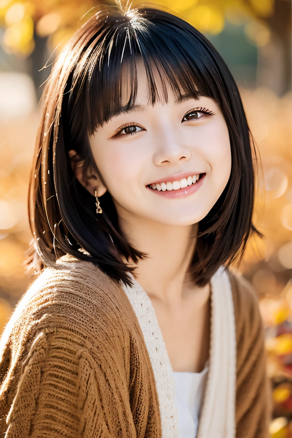 22year old（年轻）、Black Hair Bob、natural and light makeup、Autumn、Smiling expression、、Natural finish、For autumn leaves、Portrait image、cute little