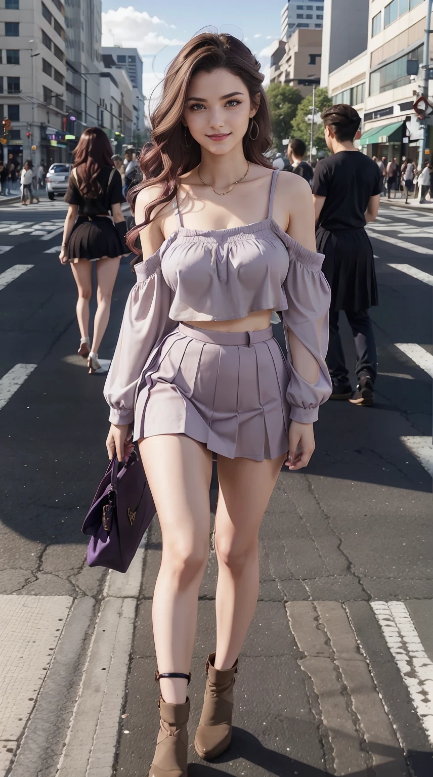 19-year-old woman、Hair color is a gradation of brunette and purple、Eye color is blue、Longhaire、hair is wavy、setting the hairstyle、wearing eye shadow and lipstick、Slender but well-proportioned muscular body、a smile、huge tit、I&#39;m wearing a knee-length pleated skirt、wearing off-the-shoulder tops、a smile、crossing the crosswalk