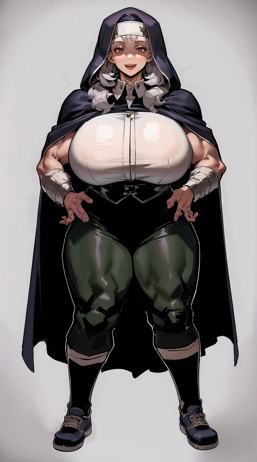 noi, nun, big breast,white boots, pants,cloak, musclegirl, standing,, smile, long hair, catedral, vest, portrait, full body, thick thighs, thick arms, wide hips,pants, large breast,refsheet