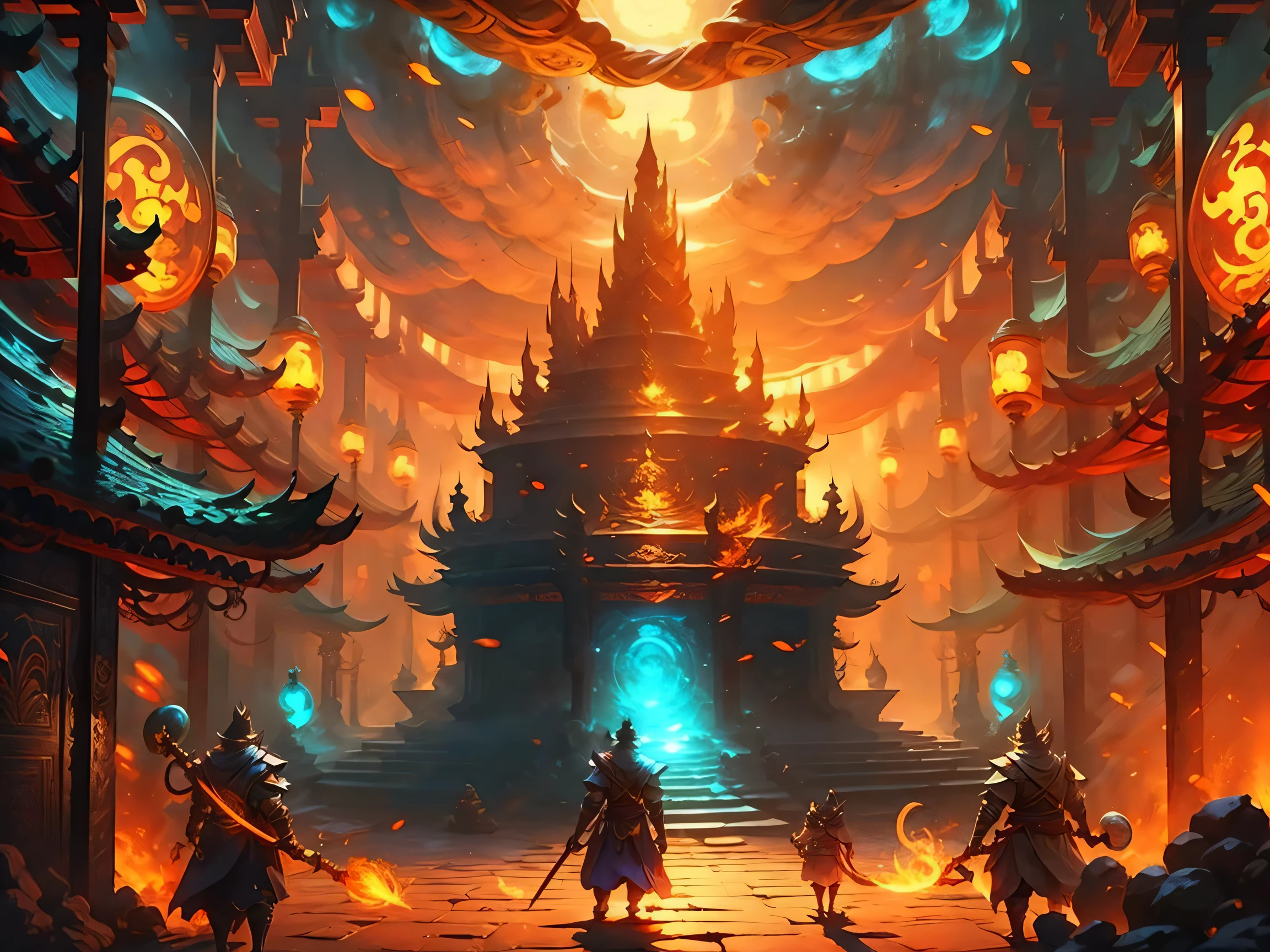 Journey to the West theme song，Tang Monk came back on horseback, Sun Wukong is holding a golden cudgel，Zhu Bajie holds a hammer，Sha Seng walks forward with a heavy load，Four people standing together，andreas rocha style, epic fantasy digital art style, 2. 5D CGI anime fantasy artwork, Detailed digital 2D fantasy art, fantasy art behance, epic fantasy illustration, detailed game art illustration