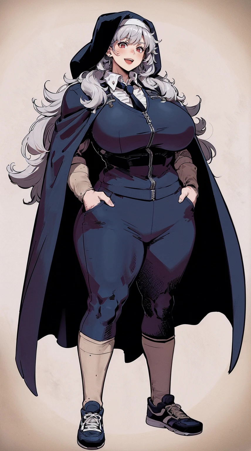 noi, nun, big breast,white boots, pants,cloak, musclegirl, standing,, smile, long hair, catedral, vest, portrait, full body, thick thighs, thick arms, wide hips,pants, large breast,refsheet