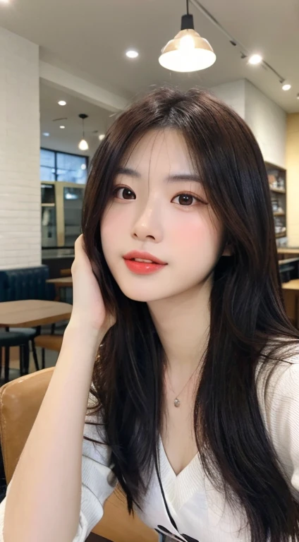 close-up of woman, Realistic. cheng yi, beautiful Korean women, sitting in a cafe、Wearing a white shirt and bow、Surrounded by a cozy atmosphere、Photo of young woman looking at viewer。gravure idol body shape , Korean Girl, Beautiful delicate face , Photorealistic beautiful face, Beautiful young Korean woman, beautiful realistic face, Cute delicate face , curly hair, subjective perspective, Retro Flare, f/2.2, 200mm, Leica, UHD, retinas, masterpiece, exquisite, tre anatomically correct, Skin texture, super detailing, high detal, hightquality, 最hightquality, hight resolution, 1080P, HD, 4K, 8k,