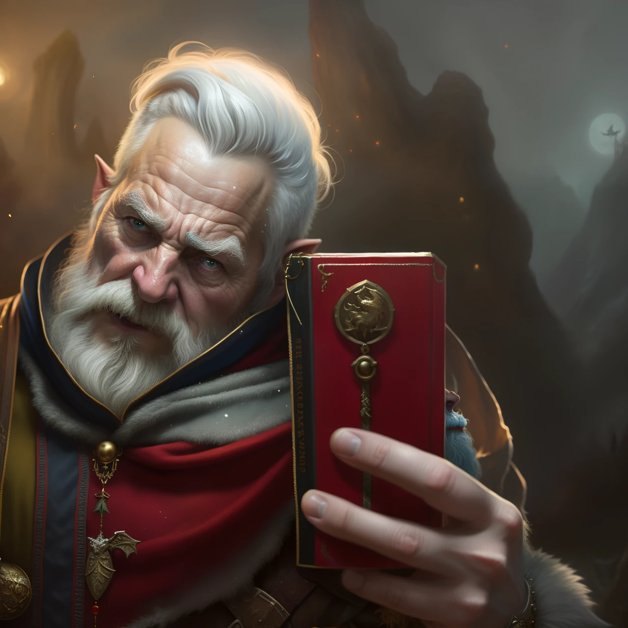 Painting of a man in a gnome costume with a dragon on his shoulder, Dave Dorman, Santa, a middle aged elf, Todd Lockwood, God of Winter, Icewind Dale, Johannes Helgeson, painted portrait of rugged odin, At eleven, gerald brom, Santa claus, kramskoi 4 k, inspired by Nikolay Makovsky