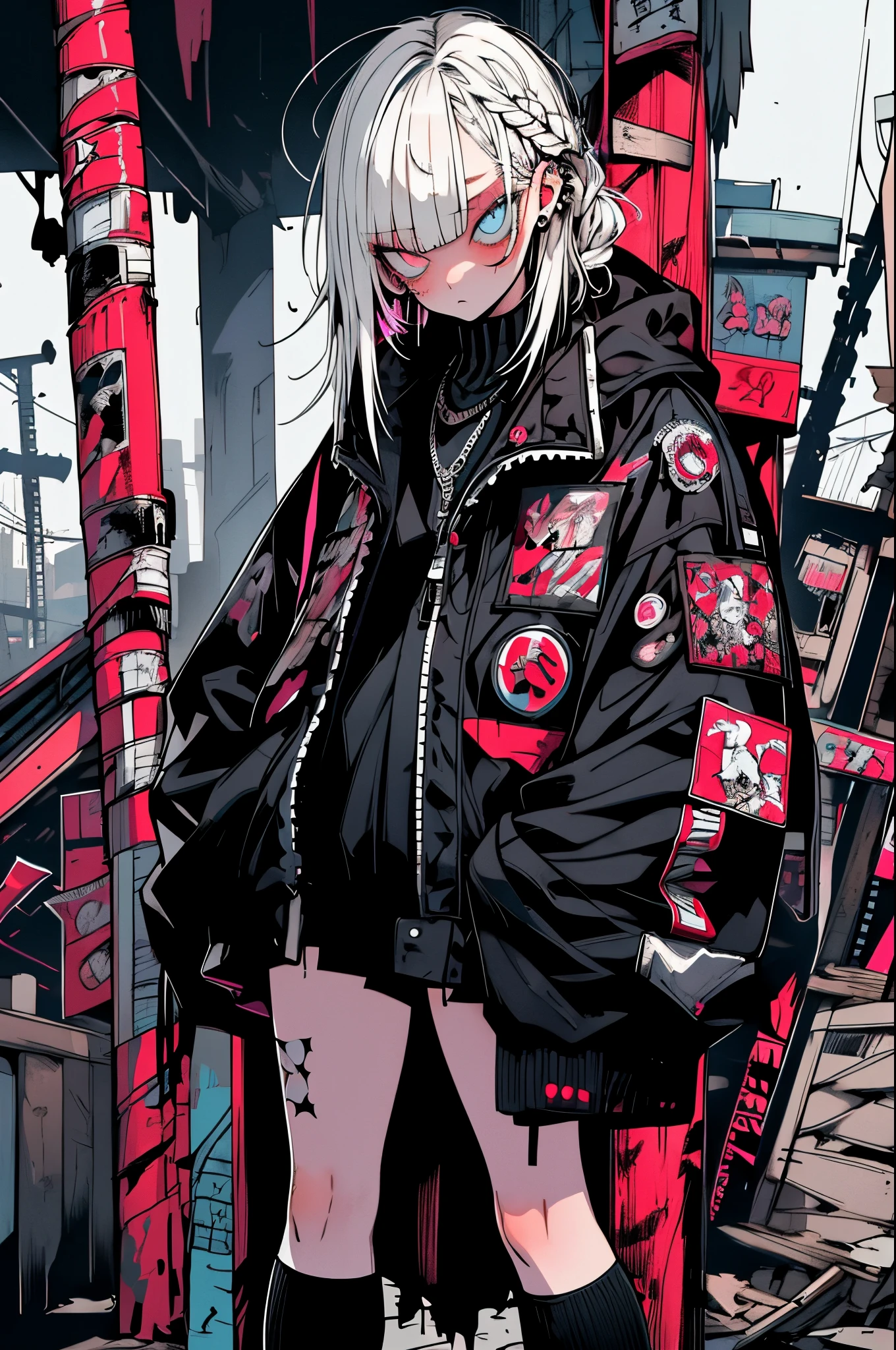 Step Piece, Best Quality, Best Illustration, Ultra-detailed,girl, White hair, Cool Black Open Short Jacket, The tattoo, Messy Fade Cut Hair, Side braided hair,Crazy, standing with an eerie feeling, abandoned amusement park background,knee high socks,quirky sneakers,Eyeshadow on the eyes,unusual colored eyes, Eyes of fear, Vivid eyes