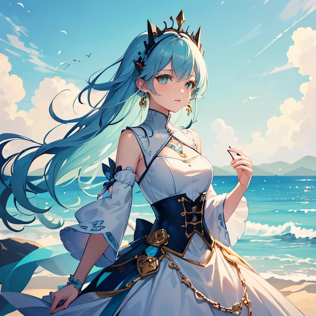 1 girl, cute, looking at viewer, (Cyan theme:1.2), (White theme:1.1), (Green theme:1.1), white and green dress, blue hair, underneath the blue sky, clouds, front view, cowboy shot, intricate details, silver earrings, hair ornaments, intricately detailed image, more prism, vibrant color