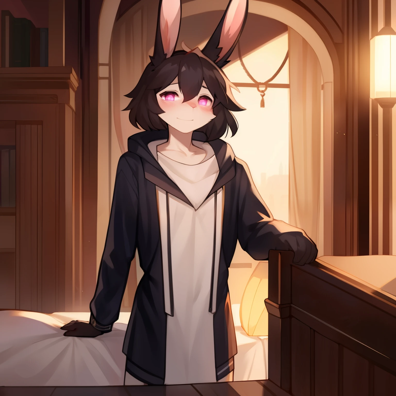 Alone, male people, Upper part of the body，white colors, edgBunny, Bunny orcs,, 黑The eye, glowing light eyes, ,  male people, Slim, Weak, edgBunny, edgBunny , by bebebebebe, author：peak, by dark gems, author：Mystic Fox 61, author：Chunni,, stood on the bed，He has a shy expression on his face，overlooks