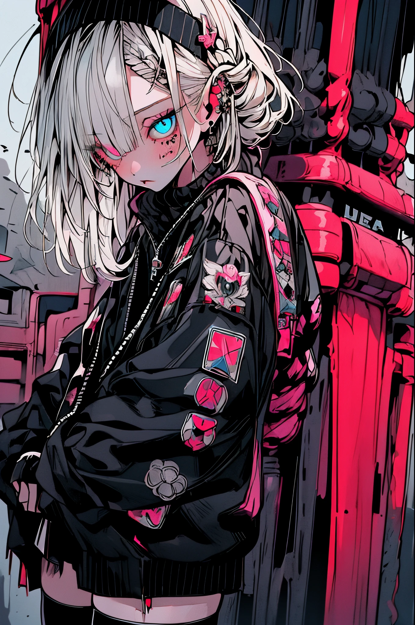 Step Piece, Best Quality, Best Illustration, Ultra-detailed,girl, White hair, Cool Black Open Short Jacket, The tattoo, Messy Fade Cut Hair, side braided hair,Crazy, standing with an eerie feeling, abandoned amusement park background,knee high socks,quirky sneakers,Eyeshadow on the eyes,unusual colored eyes, Eyes of fear, Vivid eyes