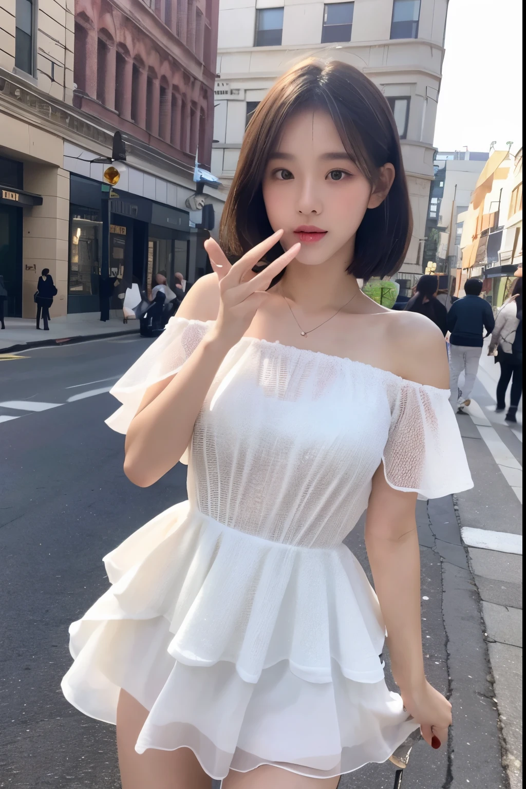 ((Best Quality, 8K, Masterpiece:1.3)), Focus: 1.2, Perfect Body Beauty: 1.4, Buttocks: 1.2, ((Layered Haircut, Breasts: 1.2)), (Wet Clothes: 1.1) , (Rain, Street:1.3), Bandeau Dress: 1.1, Highly Detailed Face and Skin Texture, Delicate Eyes, Double Eyelids, Whitened Skin, Long Hair