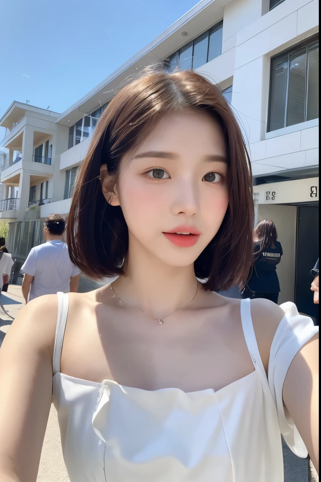 white dresseautiful asian girl，Korean girls，Cute girl face slimming，Young woman，Short hair details，sakimicchan，((Best quality, 8K, tmasterpiece:1.3)), focal point:1.2, Perfect body The beautiful woman:1.4, :1.2, ((Cut hair into layers, The beautiful:1.2)), (wetclothes:1.1) , (Sateen, the street:1.3), Bandeau Dress:1.1, Highly Detailed Face and Skin Textur, A detailed eye, 二重まぶた，Whitening Skin，Long gray hair,(Keep your mouth shut:1.3)，After Sateen，(Sky rainbow:1.1)，（white dresses:1.2）,in the bedroom，