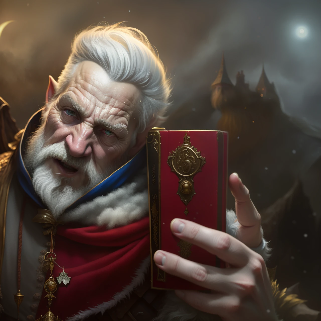 Painting of a man in a gnome costume with a dragon on his shoulder, Dave Dorman, Santa, a middle aged elf, Todd Lockwood, God of Winter, Icewind Dale, Johannes Helgeson, painted portrait of rugged odin, At eleven, gerald brom, Santa claus, kramskoi 4 k, inspired by Nikolay Makovsky