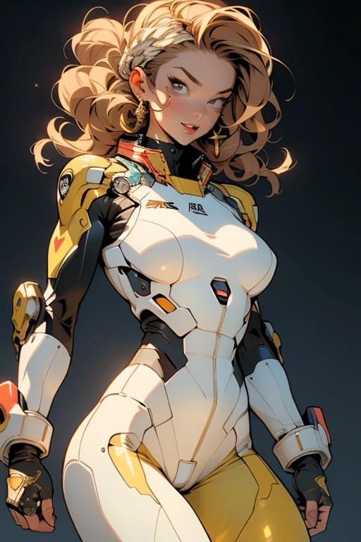 ((Best quality)), ((masterpiece)), (detailed: 1.4), (Absurd), (((full body)), (((woman))), 35-year-old woman, Beautiful muscular woman, giant robot pilot, wild with perfect body, perfect magical eyes, wearing tight clothing, clothing with Japanese graphic patterns, halftone pattern and vertical stripes, yellow gold, white, coming out of the body of a giant robot