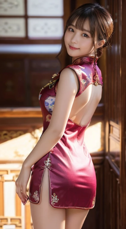 (16k wallpaper, masutepiece, Best Quality, Ultra-detailed, Highly detailed realistic photos, Beautiful detailed eyes, Solo, curby, qipao dress, chinese clothes, thighs thighs thighs thighs, Voluptuous, Chinatown), Ultra High Resolution, Fine skin、Sexy, 20 years old, Smile, Beautiful Girl