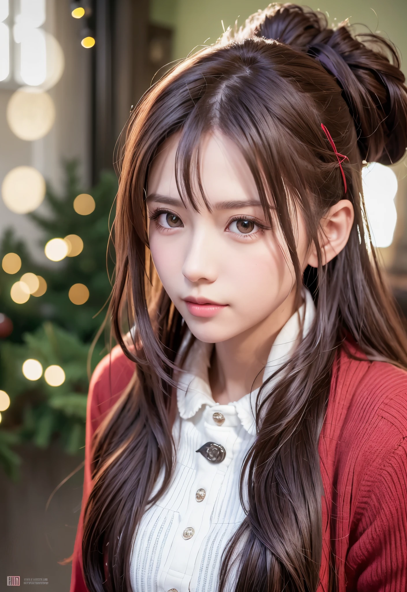 8K, of the highest quality, masutepiece:1.2), (Realistic, Photorealsitic:1.37), of the highest quality, masutepiece, Beautiful young woman, Pensive expression,、A charming、and an inviting look, cute santa clothes, Hair tied back, Cinematic background, Light skin tone