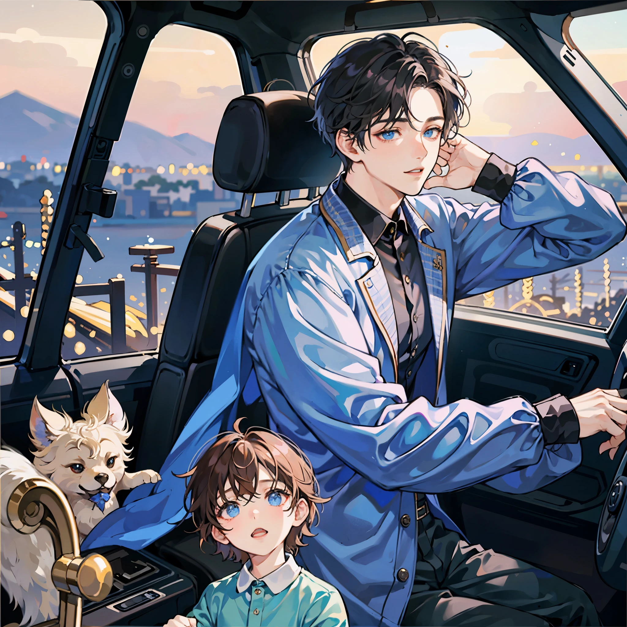 1boys,10 talents :2) ,Handsome boy,A brunette one、The upper part of the body、upper body shot、starrysky 、inside car、The light from the back window is backlighted、chaotic landscape、hoang lap、high high quality、On the table,8K,NSFW,