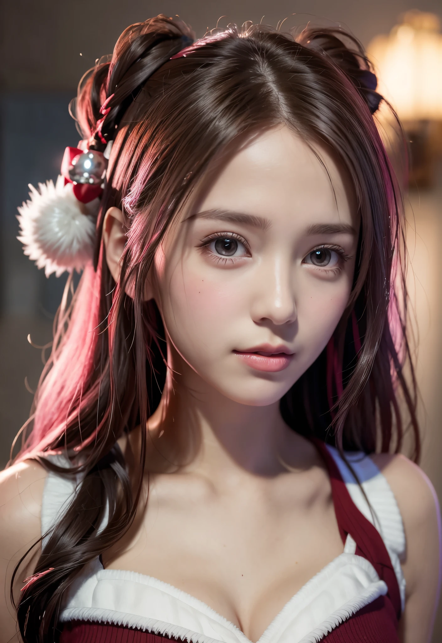 8K, of the highest quality, masutepiece:1.2), (Realistic, Photorealsitic:1.37), of the highest quality, masutepiece, Beautiful young woman, Pensive expression,、A charming、and an inviting look, cute santa clothes, Hair tied back, Cinematic background, Light skin tone