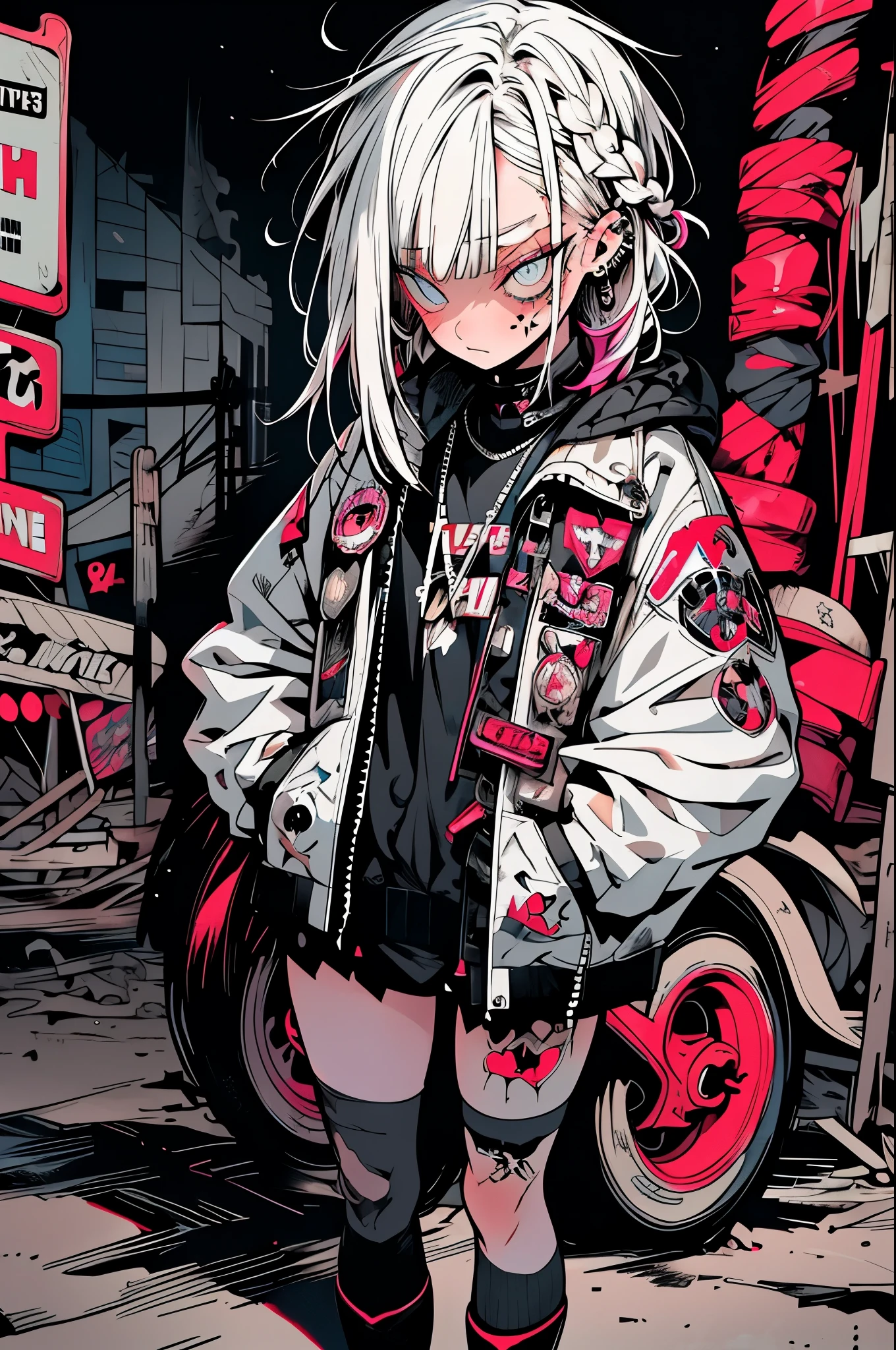 Step Piece, Best Quality, Best Illustration, Ultra-detailed,girl, White hair, Cool Black Open Short Jacket, The tattoo, Messy Fade Cut Hair, Side braided hair,Crazy, standing with an eerie feeling, abandoned amusement park background,knee high socks,quirky sneakers,Eyeshadow on the eyes,unusual colored eyes, Eyes of fear, Vivid eyes