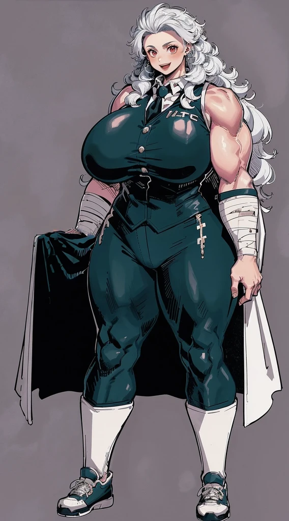 noi, nun, big breast,white boots, pants,cloak, musclegirl, standing,, smile, long hair, catedral, vest, portrait, full body, thick thighs, thick arms, wide hips,pants, large breast,refsheet