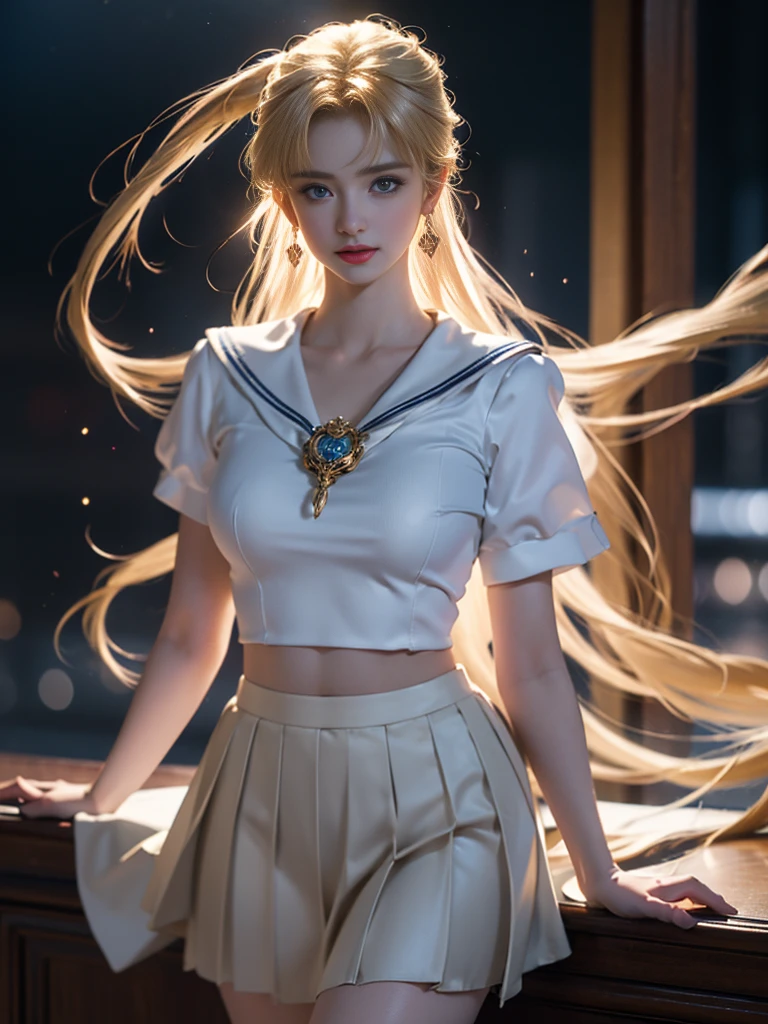 (CG Unity 8K wallpaper with extreme detail, masterpiece, highest quality), (exquisite lighting and shadow, highly dramatic picture, cinematic lens effect), (Sailor Moon: 1.1), charming smile, double tail, vibrant blue eyes, looking at the viewer with blond hair, white tight-fitting top, white gloves, mini skirt, dynamic pose), the background is the universe (excellent detail, excellent lighting, wide angle), (excellent rendering, enough to stand out in its class),
