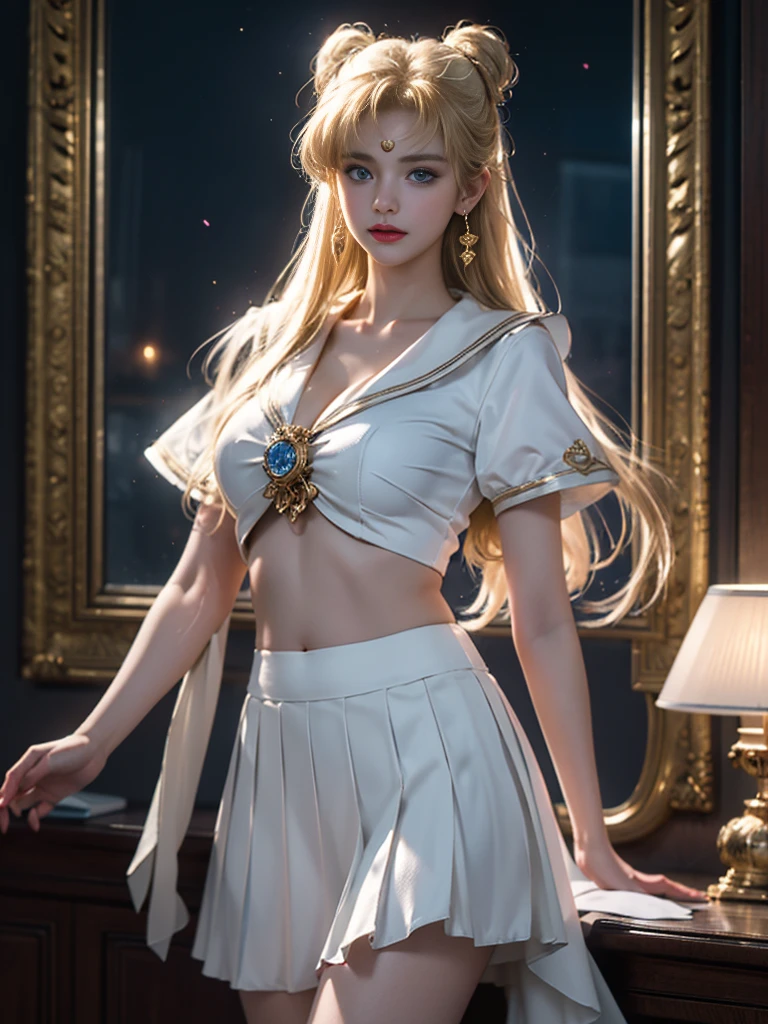 tmasterpiece,Highest image quality,super detailing,Best quality ,Extremely Delicately Beautiful, Very meticulous,Best quality, offcial art, extremely detaild的 CG unified 8k wallpapers, Ana de Armas portrait photo, 金发eBlue eyes,(CG Unity 8K wallpaper in extreme detail,tmasterpiece,Highest image quality),(Delicate light and shadow,The picture is highly dramatic,Cinematic lens effect), (the sailor moon:1.1),Charming smile,double tails, eBlue eyes,golden hair, tight top,whitegloveini-skirts,dynamicposes),The background is the universe(Exceptional detail,The lighting effect is outstanding,Vista wide angle),(Excellent rendering,Enough to stand out from the crowd),Sexy big breasts,Dreamcatcher earrings,The sexiest look,