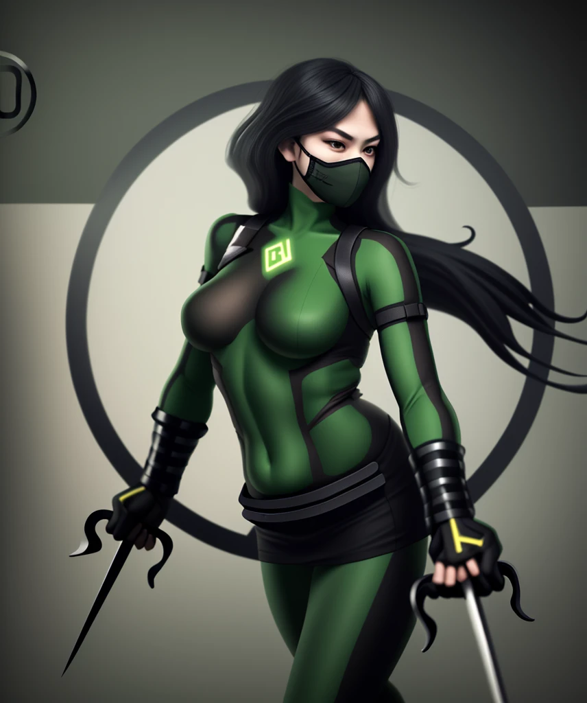 3D, realistic ninja girl,half face mask,human,sharp,high quality,high res, beautiful girl,green ninja suit