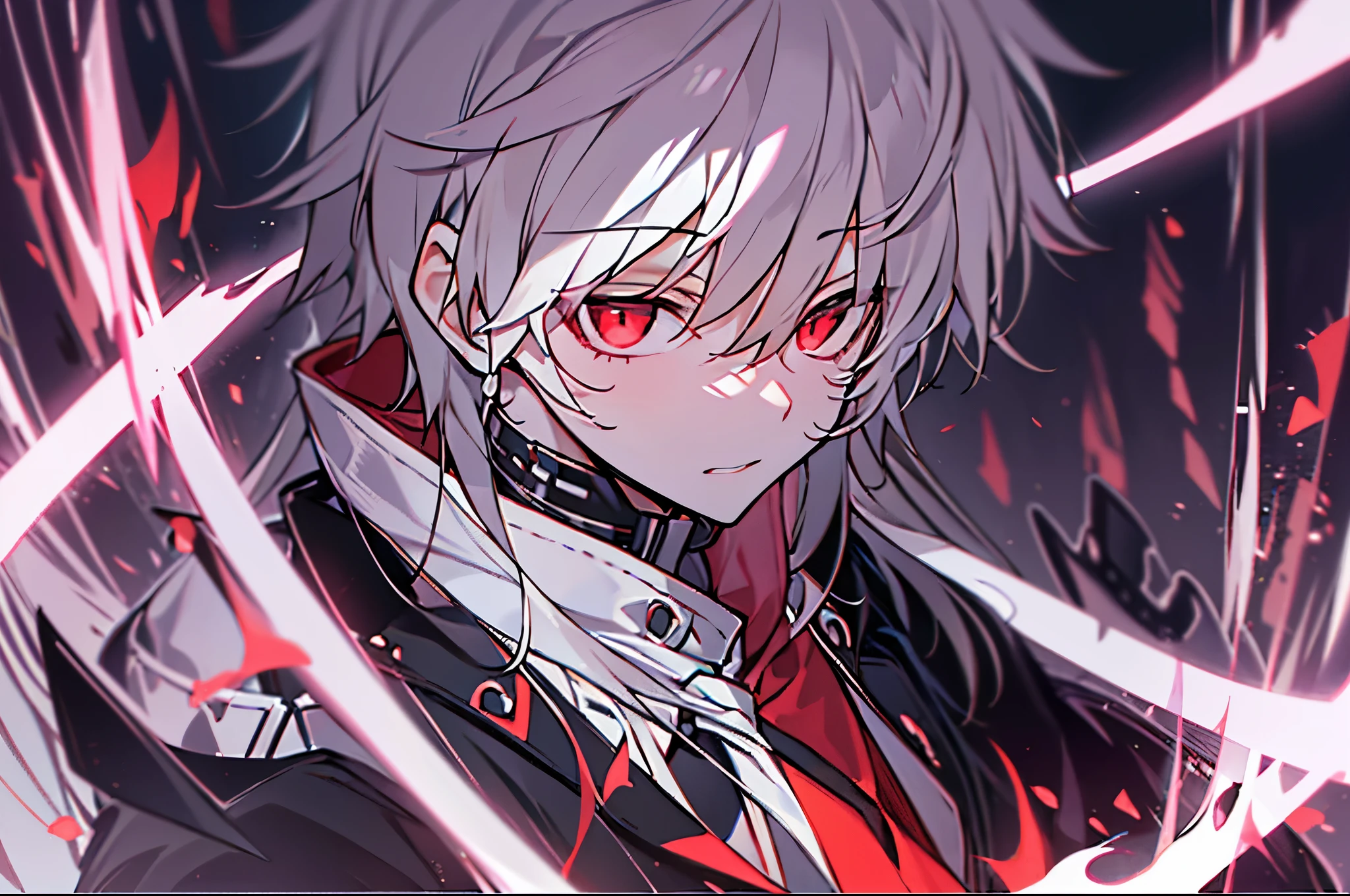 ((One Person)),Anime boy with white hair and red eyes staring at camera, Glowing red eyes,slim, dressed in a black outfit,monochromes,hair messy,deadpan、Diagonal angle,