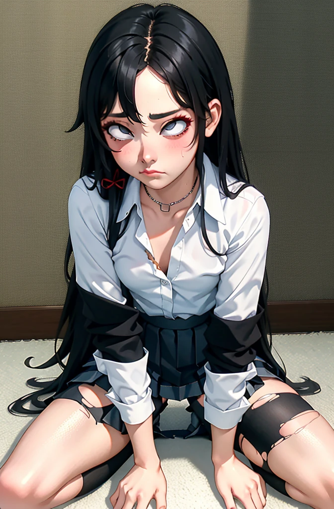 (full figure:1.1), 1 girl as yukino yukinoshita, absurdres, highres, solo, school uniform, small breasts, waist long black hair, (twintails:0.5), (pleated miniskirt:1.4), (black thighhigh socks:1.1), loose red ribbon, unbuttoned white shirt, (ahegao:1.5), (rolling eyes:1.5), (torn clothes:1.5), (naked breastss:1.2), spread legs,